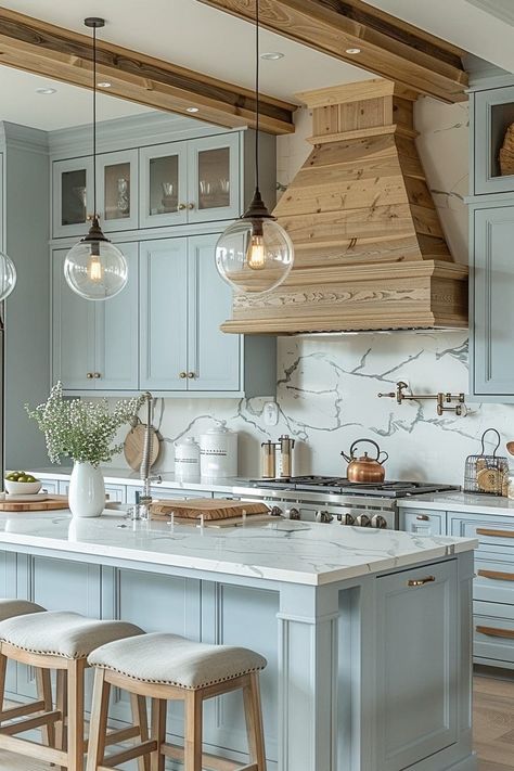 Button Snowflakes, Farmhouse Details, Coastal Kitchen Ideas, Amazing Kitchens, Light Blue Kitchens, Ceiling Details, Coastal Kitchen Design, Lake House Kitchen, Beach House Kitchens