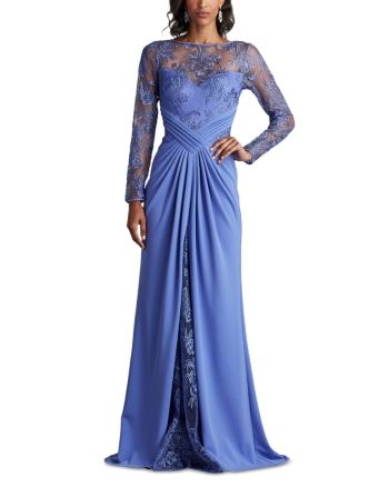 Tadashi Shoji Embroidered Illusion Gown Denim Skirt Trend, Illusion Gown, Mnm Couture, Pleated Gown, Royal Clothing, Skirt Trends, American Fashion Designers, Floor Length Gown, Tadashi Shoji