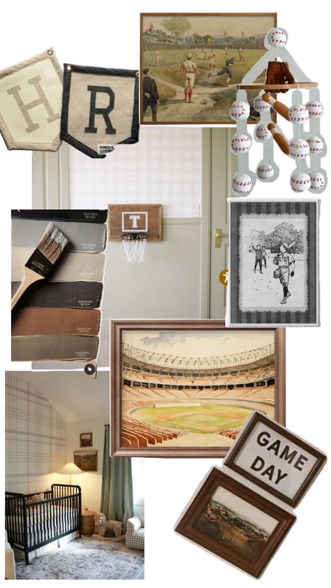 Horse And Jockey Nursery, Retro Sports Nursery, Boys Playroom Paint Ideas, Vintage Sports Nursery Baby Boy, Gender Neutral Vintage Nursery, All American Nursery, Vintage Baseball Room, Sport Nursery, Vintage Baseball Nursery