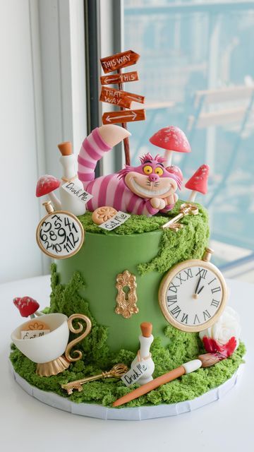 Alice Cake, Alice In Wonderland Cake, Tea Party Cake, Alice In Wonderland Tea Party Birthday, Onederland Birthday Party, Wonderland Birthday, Alice In Wonderland Birthday, Alice In Wonderland Tea Party, Fondant Decorations