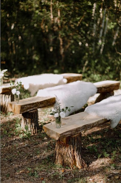 Shrek Wedding, Wedding Bench, Forest Wedding Reception, Forest Wedding Ceremony, Campground Wedding, Twilight Wedding, Forest Theme Wedding, Wedding Isles, Pagan Wedding