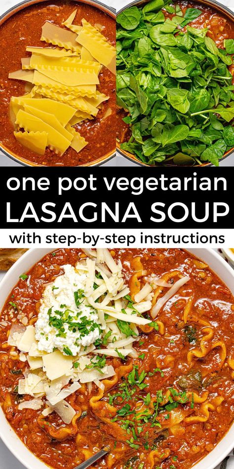 Vegetarian Lasagna Soup, One Pot Vegetarian, Vegetarian Lasagna, Lasagna Soup, Tasty Vegetarian Recipes, Vegetarian Dinners, Bowl Of Soup, Vegetarian Recipes Dinner, Creamy Texture