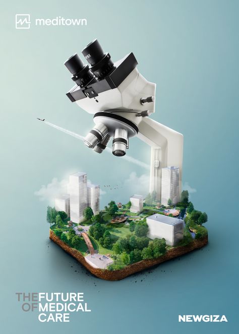 microscope specimen in the shape of a miniature medical theme park with clinical buildings and greenery, clouds, plane, water, soil. Creative Medical Advertising, Art Direction Graphic Design, Creative Graphic Design Ads, Creative Art Direction, Art Direction Inspiration, Hospital Ads Creative, Hospital Poster Design Ideas, Minimal Creative Ads, 2023 Creative Ads