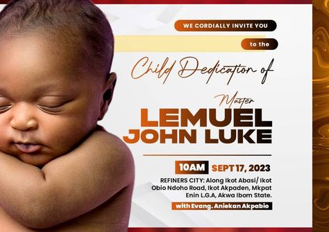 Invitation card for child dedication Child Dedication Invitation Card Design, Child Dedication Design, Child Dedication Flyer Design, Dedication Card, Baby Dedication Invitation, Dedication Invitations, Naming Ceremony Invitation, Church Banners Designs, Happy Birthday Typography