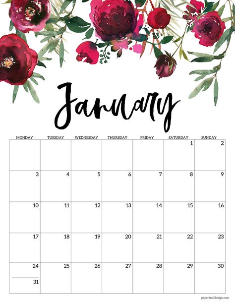 Printable Calendar Pages, Paper Trail Design, Free Printable Calendar Templates, Flower Calendar, Kalender Design, January Calendar, To Do Planner, Trail Design, Floral Planner