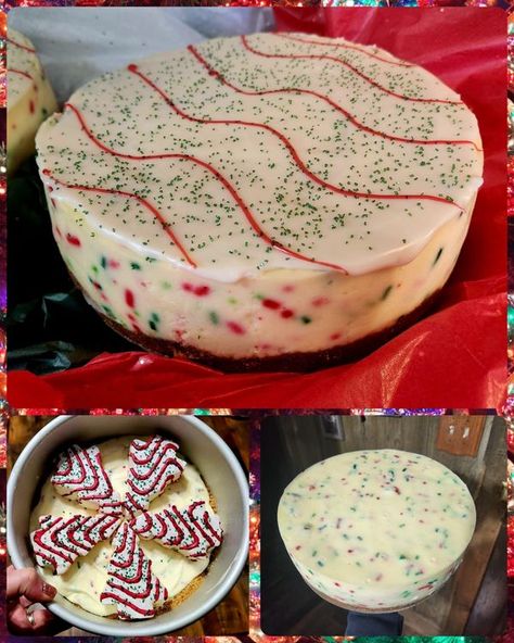 Cheesecake Lovers | I had to jump on the Christmas Tree Cake Cheesecake train | Facebook No Bake Christmas Tree Cheesecake, Christmas Cake Cheesecake, Christmas Tree Cake Cheesecake Recipe, Lil Debbie Christmas Tree Cheesecake, Christmas Tree Cake Dessert, Christmas Tree Cheesecake Recipe, Christmas Tree Cake Cheesecake, Christmas Cheesecake Decoration, Little Debbie Christmas Tree Cheesecake