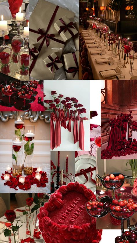 Birthday Birthday Theme, Red White Decorations Party, Red Black Gold Birthday Party Decoration, 25th Birthday Themes For Her Decoration, Vegas 21 Birthday Party Ideas, February 30th Birthday, Ruby Red Decorations, Red Aesthetic Party Decor, Lady In Red Birthday Theme