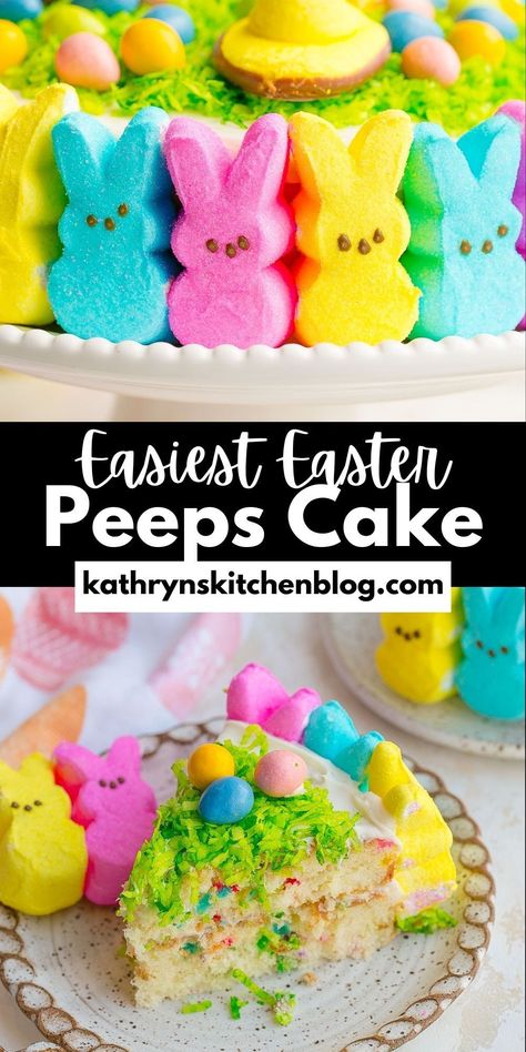 This Easter Peeps Cake is so fun, colorful and festive! Everyone will love this delicious dessert and it’s so easy for kids to decorate. You won’t believe how easy this cute cake is to make! Fun Rice Krispie Treats, Purple Velvet Cakes, Peeps Recipes, Peeps Cake, Fabulous Desserts, Easy Easter Treats, Homemade Toffee, Store Bought Frosting, Funfetti Cake Mix