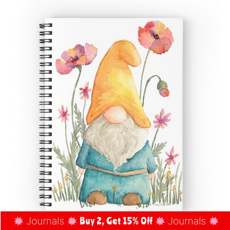 Spiral notebooks with high-quality edge-to-edge print on front. 120 pages in your choice of ruled or graph lines. Original hand-painted watercolor garden gnome Gnome Paint, Watercolor Pencil Art, Watercolor House Painting, Garden Drawing, Garden Watercolor, Watercolor Journal, Easy Canvas Painting, Garden Gnome, Garden Painting