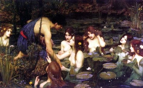 Hylas and the Nymphs – John William Waterhouse | Byron's muse Hylas And The Nymphs, Pre Raphaelite Brotherhood, Artemisia Gentileschi, Mermaid Images, Mermaid Illustration, Manchester Art, Classical Mythology, Art Composition, Water Nymphs