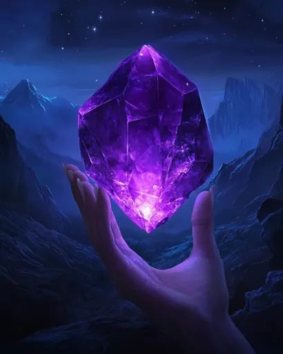 ↑↑↑ Larger size on website 🔸 A large, glowing purple crystal is held aloft by a hand in a mystical, nighttime landscape. The crys Nighttime Landscape, Hand Background, Glowing Crystal, Abstract Mountains, Ethereal Light, Dark Abstract, Mountainous Landscape, Crystal Drawing, Background Dark