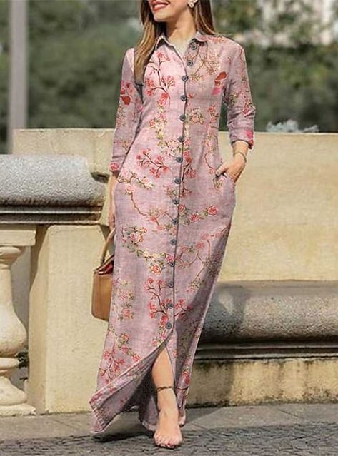 European Casual, Spring Dresses Women, Long Beach Dress, Langer Rock, Printed Long Dresses, Long Shirt Dress, Spring Shirts, Button Dress, Loose Dress