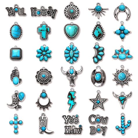 PRICES MAY VARY. ♥ Western Charms Bulk -- You will receive 30 pieces western turquoise charms in different styles, including flower charms, cactus charms, cowboy boot charms, cattle head pendants, cowgirl hat charms, letter howdy charms, star charms, lightning charms, sun charm, crescent moon pendants, etc. Enough quantity and various styles can easily satisfy all your Western jewelry accessory making demands ♥Reliable Material&Dimensions -- Turquoise symbolizes good lucky, has a special meaning Cowboy Jewelry, Lightning Pendant, Turquoise Charm, Cowgirl Boot, Charms For Jewelry Making, Necklace Making, Jewelry Making Charms, Cowboy Cowgirl, Western Jewelry