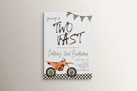 Dirt Bike Second Birthday, Dirt Bike 2nd Birthday Party, Two Fast Dirt Bike Party, Two Fast, Two Fast Birthday Invitation, Growing Up Two Fast, 2nd Birthday Invite, Orange Bike, Dirt Bike Party