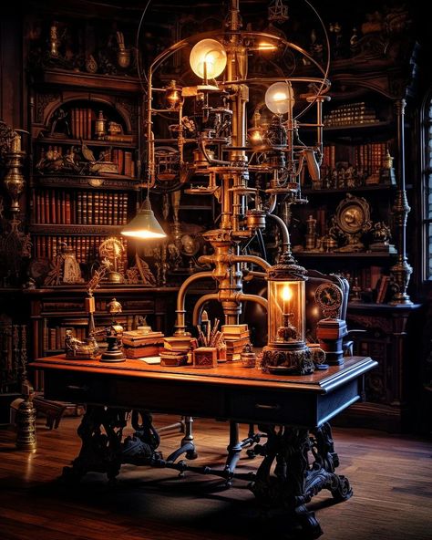 Tour through a Victorian Steampunk Mansion 🏠💡⚙️✨️ Victorian Science Lab, Steampunk Science Lab, Steampunk Aesthetic Room, Steampunk Inventor Aesthetic, Steampunk Aesthetic Dark, Victorian Laboratory, Steampunk School, Steampunk London, Steampunk Mansion