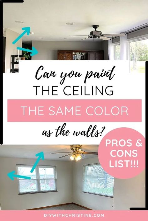 Pros & Cons Of Painting The Ceiling The Same Color As The Walls – DIY With Christine Sherwin Williams Ceiling Paint Colors, Ceiling Paint Colors Bedroom, Behr Ultra Pure White Ceiling, Best Ceiling Colors White, Off White Ceiling Paint, Behr Ceiling Paint Colors, White Paint For Ceiling, Sherwin Williams Ceiling Color, Ceiling And Trim Paint Colors