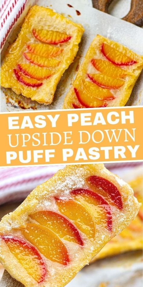 Upside Down Puff Pastry Squares, Upside Down Puff Pastry, Sweet Puff Pastry Recipes, Puff Pastry Squares, Easy Puff Pastry Desserts, Pastry Squares, Peach Puff Pastry, Sweet Puff Pastry, Puff Pastry Recipes Dessert