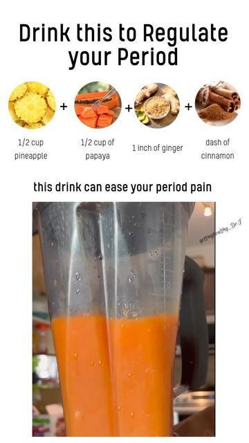 Dr. T | Dr of Pharmacy on Instagram: "Try this delicious drink to regulate your period! Papaya contains carotene, a nutrient that supports estrogen levels. Pineapples contain the enzyme bromelain, which helps with blood flow. Cinnamon helps to regulate insulin levels which may have an effect on other hormones and the menstrual cycle. 1/2 cup of pineapple 1/2 cup of papaya 1 inch of ginger Dash of cinnamon 1 cup of water Blend until smooth and enjoy! #papaya #papayajuice #pineappl Papaya For Periods, Best Foods On Your Period, Menstrual Cycle Smoothie, Menstrual Drinks, What To Drink On Your Period, Papaya Benefits For Women, Period Drinks, Cinnamon Tea Recipes, Healthy Juicer Recipes