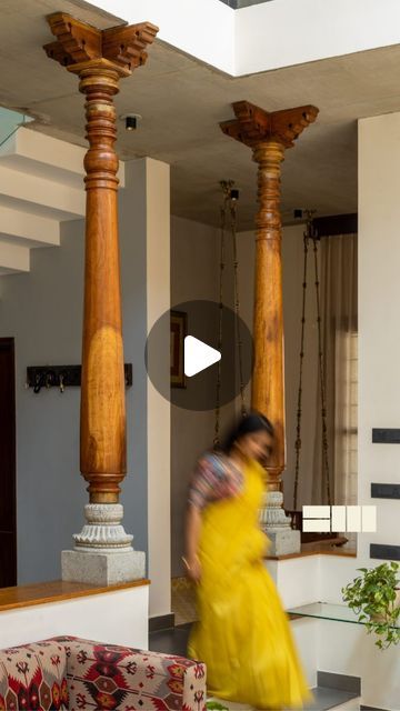 Bare Wall Studio on Instagram: "The ground floor plan with its spacious open layout, featuring a sunken living area that is beautifully enhanced by restored antique Chettinad columns. A skylight positioned along the northern edge floods the entire house with natural light, creating an airy and inviting atmosphere, which is further amplified by the double height volume of the space.

One of the unique elements of the design is the puja room, which showcases a gopura on top, adding a touch of traditional elegance. The use of yellow tile inserts in the passage and living room adds an intriguing visual element to the overall aesthetic. Custom printed fabrics, inspired by local carpet patterns, adorn the sofa and bench, adding a personalized and cultural touch to the decor.

A creative repurpos House With Natural Light, Chettinad House, Sunken Living Room, Yellow Tile, Double Height, Puja Room, Ground Floor Plan, Open Layout, Custom Printed Fabric