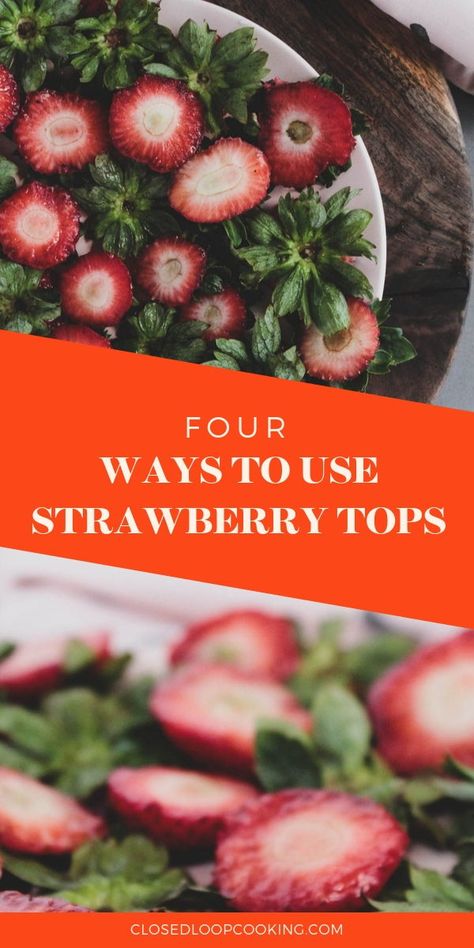 Four Ways to Use Strawberry Tops. Before you compost those strawberry tops, check out these ideas—from smoothies to pesto—for using up those scraps!  Zero Waste How To | Uses for Strawberry Tops | Zero Waste Ideas | #ClosedLoopCooking How To Use Up Strawberries, Strawberry Tops Vinegar, Zero Waste Ideas, Strawberry Infused Water, Strawberry Tops, Strawberry Vinegar, Leftover Strawberries, Cut Strawberries, Canned Food Storage