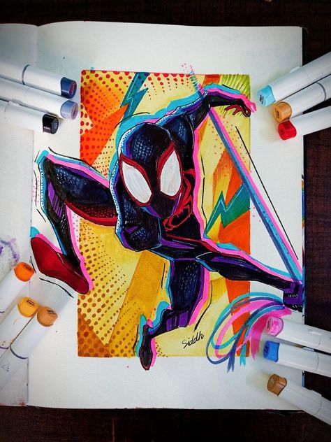 Spider Man Illustration Art, Spiderman Verse Drawing, Spider Man Marker Drawing, Spiderman Marker Drawing, Spider Man Into The Spiderverse Sketch, Marker Art Realistic, Spider Man Pop Art, Marvel Sketchbook Ideas, Across The Spiderverse Drawing