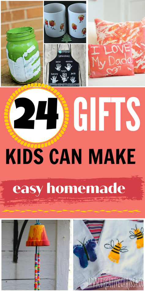 Easy gifts kids can make for parents. These 24 diy gift ideas make great homemade Christmas gifts for mom, dad or grandparents. Gifts for toddlers, preschoolers and older kids to make at school and bring home: handprint gifts, fingerprint gifts and more. Handprint Gift Ideas For Grandparents, Gifts From Toddlers Homemade Christmas, Toddler Gifts For Parents Christmas, Holiday Gift Crafts For Kids, Gifts From Nanny To Parents, Gifts To Make For Parents From Kids, Easy Gifts For Grandparents, Diy Gift Ideas For Kids To Make, Diy Christmas Gifts From Kids To Grandma