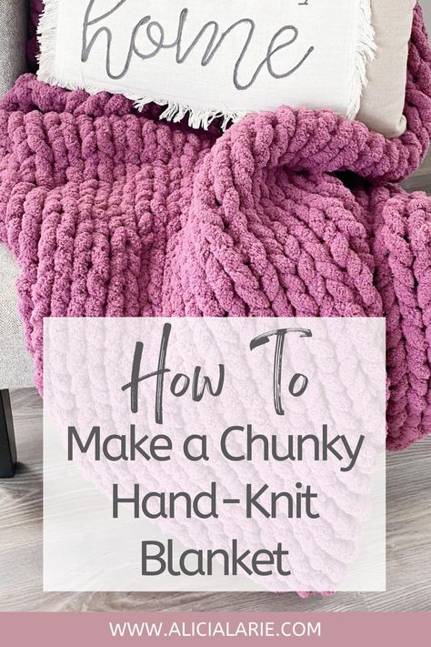 These blankets are so cozy and soft! Learn how to make your own chunky hand-knit blanket. It's super easy! Chunky Blanket. Hand Knitting. DIY Blanket. Easy DIY. #diyblanket #easydiy #chunkyblanket #handknit #chunkyhandknitblanket #chunkyyarn #easychunkyblanket Hand Knitted Blankets Chunky, Large Chunky Knit Blanket, How To Make A Chunky Chenille Blanket, Large Hand Knit Blankets, Large Hand Knitted Blanket, How To Knit A Chunky Throw Blanket, How To Hand Knot Blanket Chunky, Hand Knit Blanket Diy, Knitting A Chunky Blanket