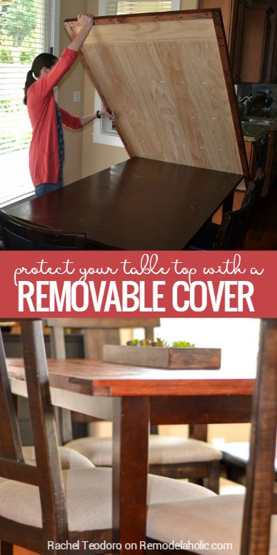 Protect your dining table with a removable table top cover! Perfect for multi-use tables for crafters and homeschoolers, plus the planked top gives a beautiful farmhouse style to any table. Tutorial from Rachel Teodoro on Remodelaholic.com Diy Table Top Designs, Table Top Redo, Table Top Diy, Farmhouse Table Top, Diy Tabletop, Table Top Covers, Plank Table, Diy Table Top, Diy Farmhouse Table