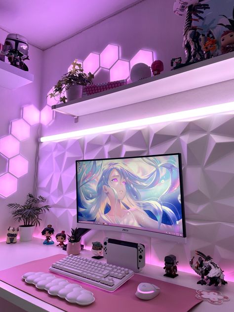 Gaming setup Games Room Inspiration, Dream Setup, Pink Games, Room Vibes, Gamer Setup, Gamer Room Decor, Video Game Room Design, Bedroom Setup, Dekorasi Kamar Tidur