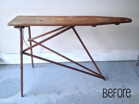 B&A: Vintage Ironing Board - Tiny Bedside Table, Antique Ironing Boards, Wood Ironing Boards, Ironing Board Storage, Vintage Ironing Boards, Old Ironing Boards, Wooden Ironing Board, Make A Chalkboard, Diy Rack