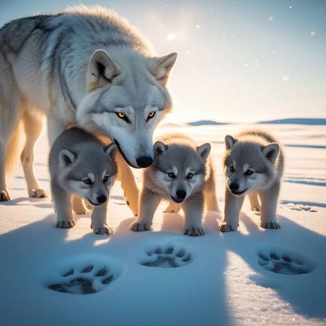 Ultra-high definition, 8K, cinematic iPhone photograph of an arctic wolf mother, with a thick, snow-white coat and piercing yellow eyes, tenderly plays with her three adorable cubs #wolf #wolfmother #Cubs #photooftheday #photography #naturephotography Wolf Cubs, Wolf Black And White, Wolf Family, Wolf Photography, Arctic Wolf, Baby Wolf, Yellow Eyes, White Coat, Nature Animals