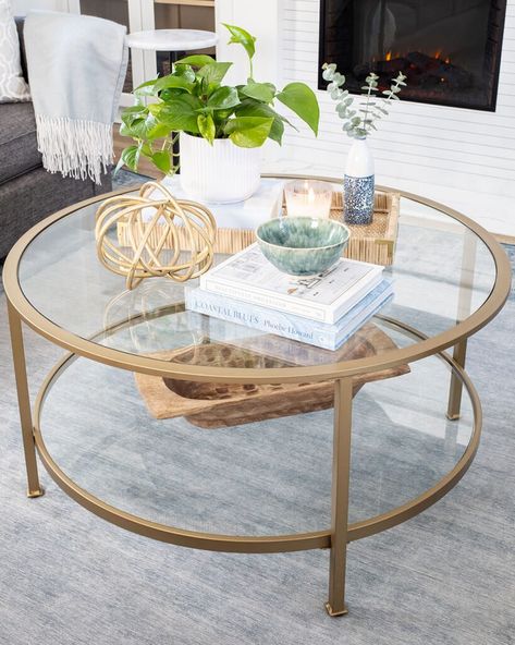 Glass Coffee Table Decor, Round Coffee Table Styling, Small Round Coffee Table, Round Coffee Table Decor, Round Living Room Table, Glass Table Decor, Coffee Table Decor Living Room, Circle Coffee Tables, Round Table Decor