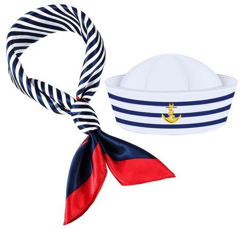 PRICES MAY VARY. What you get: you will get aa navy blue with white sailor hat，a naval style satin scarf and a pair of sunglasses that are suitable for cosplay parties and they can make you a cool handsome sailor or a handsome sailor with these simple ornament Reliable materials:The sailor hat is made of metal, cotton and polyester with blue and white stripes, the blue with white sail hat is good-looking and in front of the sailor hat there is a golden anchor.The scarf on the neck is made of sil Boat Costume, Scarf Sunglasses, Sailor Captain, Captain Costume, Costume For Men, Sailor Cap, Navy Hats, Sailor Hat, Satin Scarf