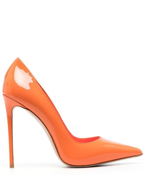 mandarin orange calf leather patent finish branded leather insole pointed toe flat rubber sole 120mm high stiletto heel