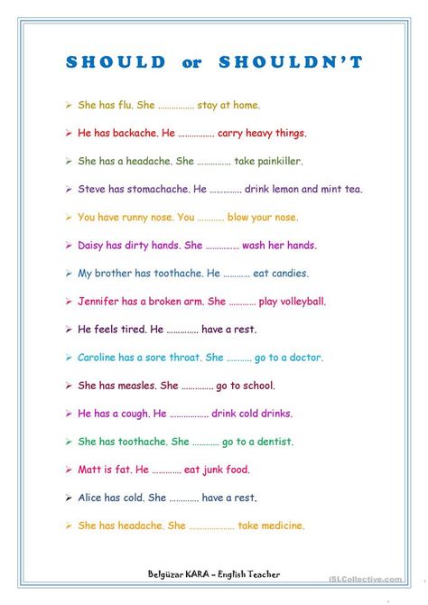 Should - Shouldn't - English ESL Worksheets for distance learning and physical classrooms T Worksheet, English Worksheet, English Grammar Worksheets, Grammar Practice, English Activities, Classroom Language, Grammar Worksheets, English As A Second Language, Teaching Jobs