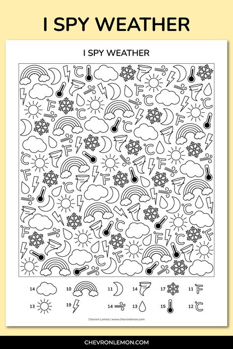 Free printable I spy weather Weather Word Search Free Printable, Weather Worksheets For Kindergarten Free Printable, Weather Crafts Preschool Free Printables, Cloud Activities For Kids, Weather Coloring Pages Free Printable, Free Weather Printables Preschool, Weather Games For Kids, Kindergarten Weather Activities, Weather Activities Preschool Printables Free