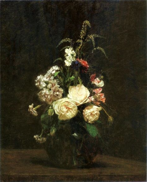 Henri Fantin-Latour -  Flowers in a glass vase.1864 French Paintings, Arte Inspo, Old Paintings, Aesthetic Painting, Flower Art Painting, Dreamy Art, Arte Floral, Vintage Artwork, Old English