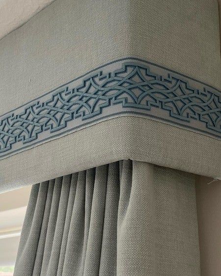 Curtain Pelmet, Curtains And Pelmets, Shower Cabinets, Custom Window Coverings, Samuel And Sons, Plain Curtains, Kitchen Window Treatments, Embroidered Border, Showroom Design