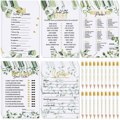 220 Pieces Bridal Shower Game Set Greenery Wedding Games Cards Eucalyptus Theme Bridal Game Supplies and Pencils Activity Accessories for Bride Groom Bachelorette Party Wedding Shower Party Favor : Amazon.co.uk: Home & Kitchen Funny Wedding Games, Gold Bridal Shower Decorations, Bridal Shower Games Funny, Accessories For Bride, Wedding Party Games, Rose Gold Bridal Shower, Bridal Games, Bride Shower, Unique Bridal Shower