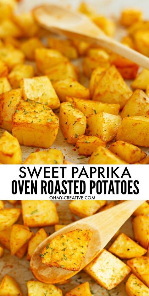 Easy Baked Sweet Paprika Potatoes | OHMY-CREATIVE.COM || Side Dish | Oven Roasted Potatoes | Dinner | Recipe | Comfort Food Sweet Paprika Recipes, Potato Board, Roasted Recipes, Ftdi Recipes, Mashed Potato Bites, Food Potatoes, Potatoes Dinner, Veggie Dinners, Salty Recipes