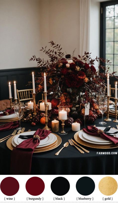 Burgandy Black Greenery Wedding, Dark Color Theme Wedding, Black Satin Tablecloth Wedding, Burgundy Blue And Gold Wedding, Burgundy October Wedding, Maroon Wedding Theme Table Settings, Maroon Color Wedding Theme, Burgundy Wedding Pallet, Maroon Western Wedding Theme