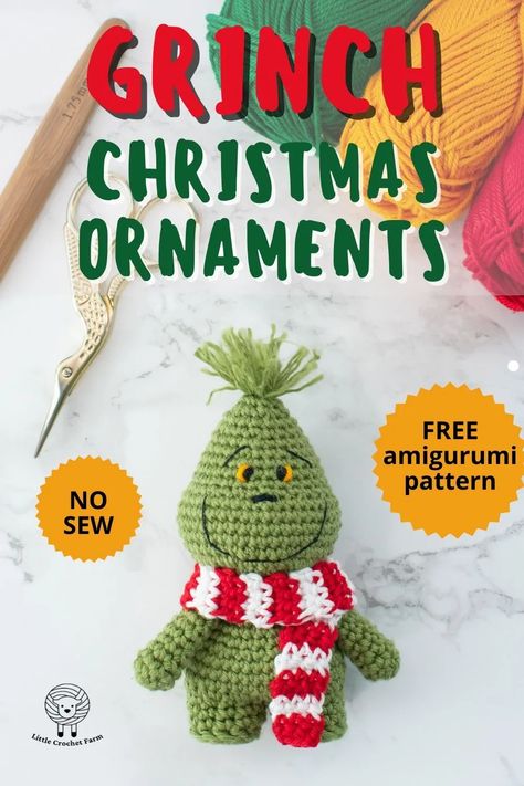 Crochet Ornament Patterns, Christmas Crochet Patterns Free, Crocheted Christmas, Grinch Ornaments, Crochet Xmas, Crochet Christmas Decorations, Pola Amigurumi, Crochet Animals Free Patterns, Crochet Ornaments