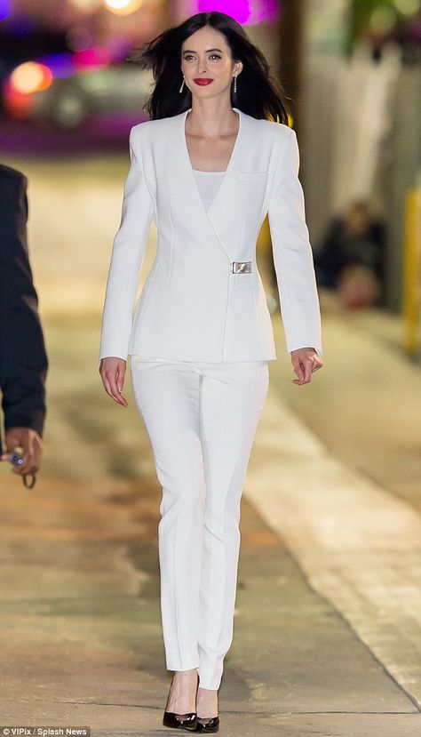 Beaming: The American beauty is no stranger to the limelight and appeared to relish having all eyes on her White Suits Women, Elegant Suit, Krysten Ritter, Jumpsuit Outfits, White Suit, Woman Suit Fashion, Beautiful Suit, Marvel Series, Outfits Spring