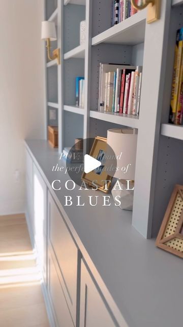 Amy - Classic Coastal Home & Preppy Style 💙🤍 on Instagram: "✨SAVE this post for future reference and I hope you’ll FOLLOW along @PalmettoPorchatHome if you aren’t already.

By far my most asked questions are - what are the blue paint colors in my home.💙

I’ve taken a lot of time to perfect the perfect classic coastal blues for my home and wanted to share in one place:

💙FRONT DOOR: 

Sherwin-Williams Honest Blue (at 75% strength)

💙POWDER ROOM: 

Farrow & Ball Parma Gray

💙BUILT-IN: 

Farrow & Ball Parma Gray (at 75% strength)

💙LAUNDRY ROOM: 

This color is a stock color by the cabinet company @wellborncabinet (Aqua); however I have color-matched them and I believe Benjamin Moore Santorini Blue is a pretty spot on match. 

Do you have a favorite blue paint color?💙💙

You can alway Santorini Blue Sherwin Williams, Santorini Living Room, Parma Gray Farrow And Ball, Benjamin Moore Santorini Blue, Parma Gray, Coastal Blues, Blue Paint Color, Santorini Blue, Classic Coastal