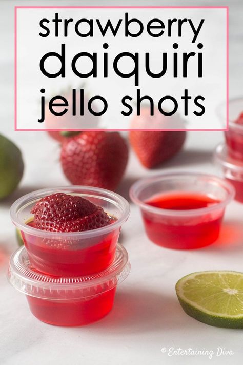 This strawberry daiquiri jello shots recipe made with white rum and strawberry pucker is the perfect boozy addition to an adult summer party. #entertainingdiva #recipes #drinks  #4thofjuly #jelloshots #summer Strawberry Daiquiri Jello Shots, Pina Colada Jello Shots, Rum Jello Shots, Strawberry Jello Shots, Margarita Jello Shots, Margarita Jello, Strawberry Daiquiri Mix, Jello Shooters, Best Jello Shots