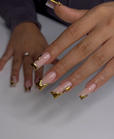 Gold Chrome French Tip Nails, Gold Chrome French Tip, French Tip With Gold, Chrome French Tip Nails, Chrome French Tip, Chrome French, Gold Chrome Nails, Dope Nail Designs, French Acrylic Nails