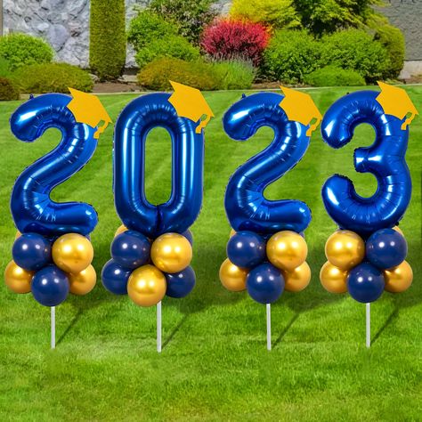 PRICES MAY VARY. Complete graduation yard sign kit includes 40 balloons, cap cards, stakes, ribbon and glue dots to make 4 signs Navy blue and gold balloons with foil 2023 numbers and cap cards create festive outdoor graduation decor Easy DIY assembly - just inflate balloons, attach to stakes, add cap card topper and bow Perfect for celebrating 2023 high school or college graduation - makes great photo backdrop Specification:  Quantity: 66 pcs Size: 12" Material: latex, foil, plastic Color: navy Navy And Gold Graduation Party, Blue And Gold Graduation Party Ideas, Navy And Gold Party, Gold 2023, 2023 Graduation Party, Blue Graduation Party, High School Graduation Party Decorations, 40 Balloons, Outdoor Graduation