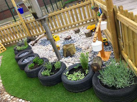 Outdoor Learning EYFS. Tyre planting, pebble digging pit, sensory garden,construction area Garden Ideas Eyfs, School Outdoor Area, Eyfs Outdoor Area, Garden Construction, Tire Garden, Preschool Garden, Outdoor Learning Spaces, Prayer Garden, Outdoor Nursery