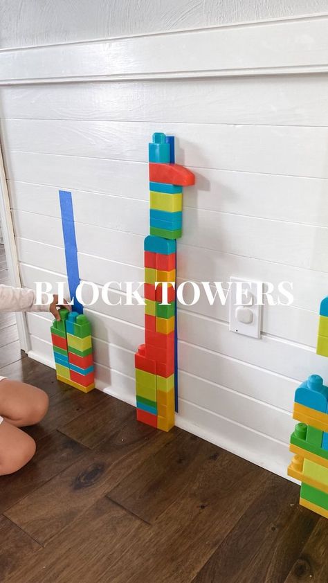 BLOCK TOWERS! Who doesn’t love a challenge?? All you have to do is throw some painter’s tape up on a wall to mark how tall each tower needs to be and give your child some legos. Want to up the challenge? Give them blocks that don’t link together! It’s been raining here all week, so this activity has been a fun one for Roo to do over and over…every time Mo knocks the towers down. 😅 #indooractivities #activitiesfortoddlers #preschoolactivities #finemotoractivity #momblogger #momming #momminai Block Activity For Preschoolers, Building Towers Preschool, Preschool Stem Building Activities, How Tall Am I Preschool, Block Activities For Preschoolers, Preschool Building Theme, Preschool Camping Activities, Block Activities, Preschool Math Lessons