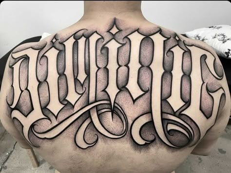 Back Lettering Tattoo, Chicano Font, Chicano Tattoos Lettering, Calligraphy Tattoo Fonts, Slavic Tattoo, Aztec Tattoos Sleeve, Aztec Tattoos, Korean Tattoo Artist, Upper Back Tattoos